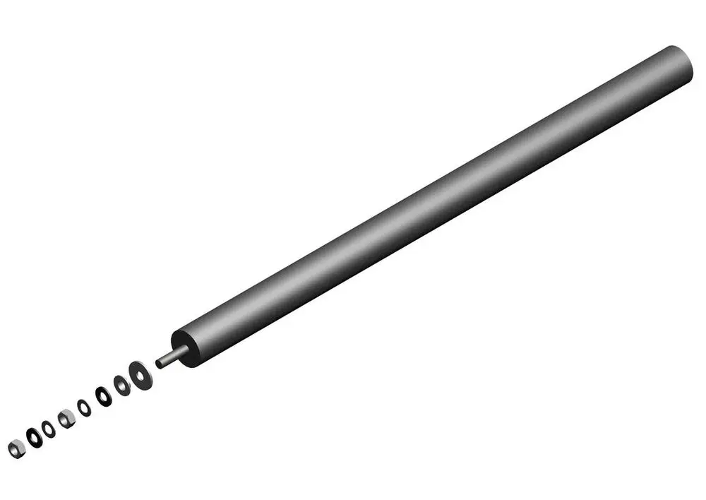 Lange schwarze Metallstange mit mehreren runden Scheiben, die in unterschiedlicher Größe nebeneinander angeordnet sind. Das Produkt trägt das Bosch-Logo.